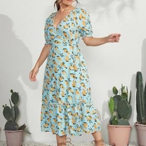 Lemon Print Tie Side wrap Dress